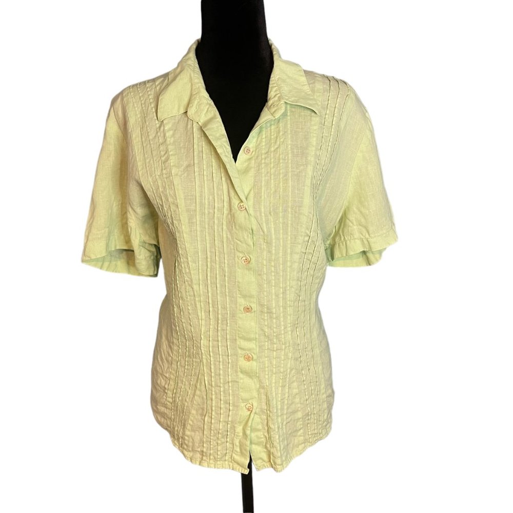 J. Jill 100% Linen Short Sleeve Button-Down Light Green Shirt Size XL